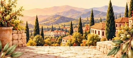 Paisaje de la Toscana con cipreses y casas de piedra
